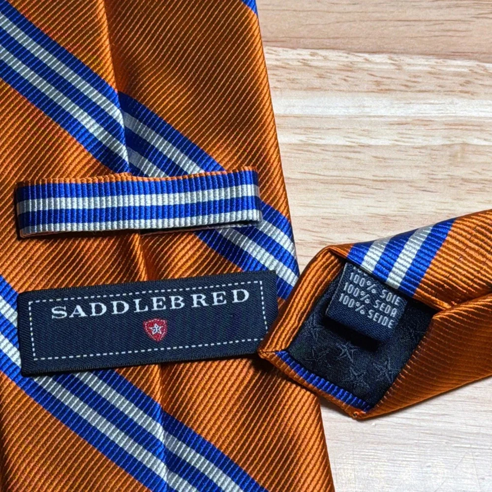 Saddlebred Tie Mens OS Orange Blue Repp Stripe 100% Silk Business Formal Necktie